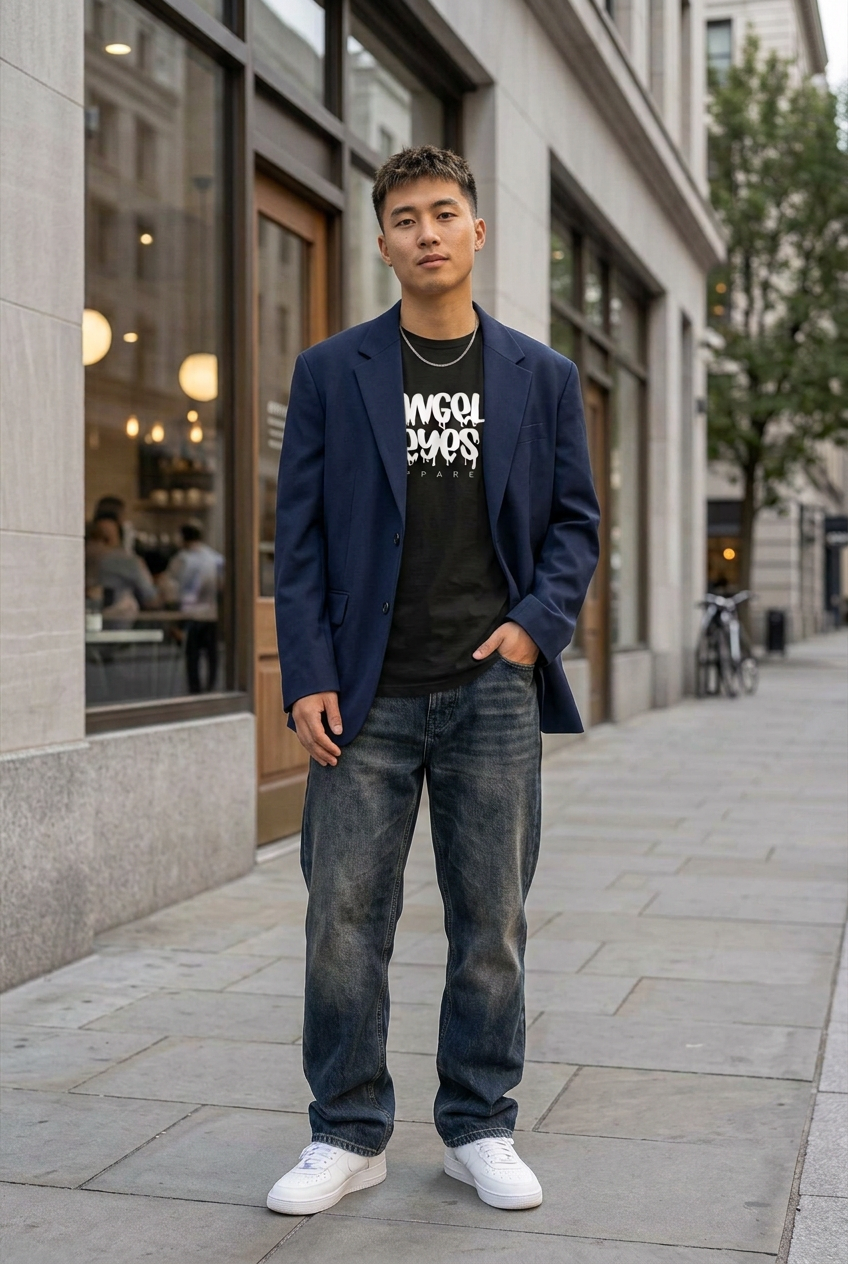 Black Drip Tee with an oversized navy blazer, loose jeans, and sneakers
