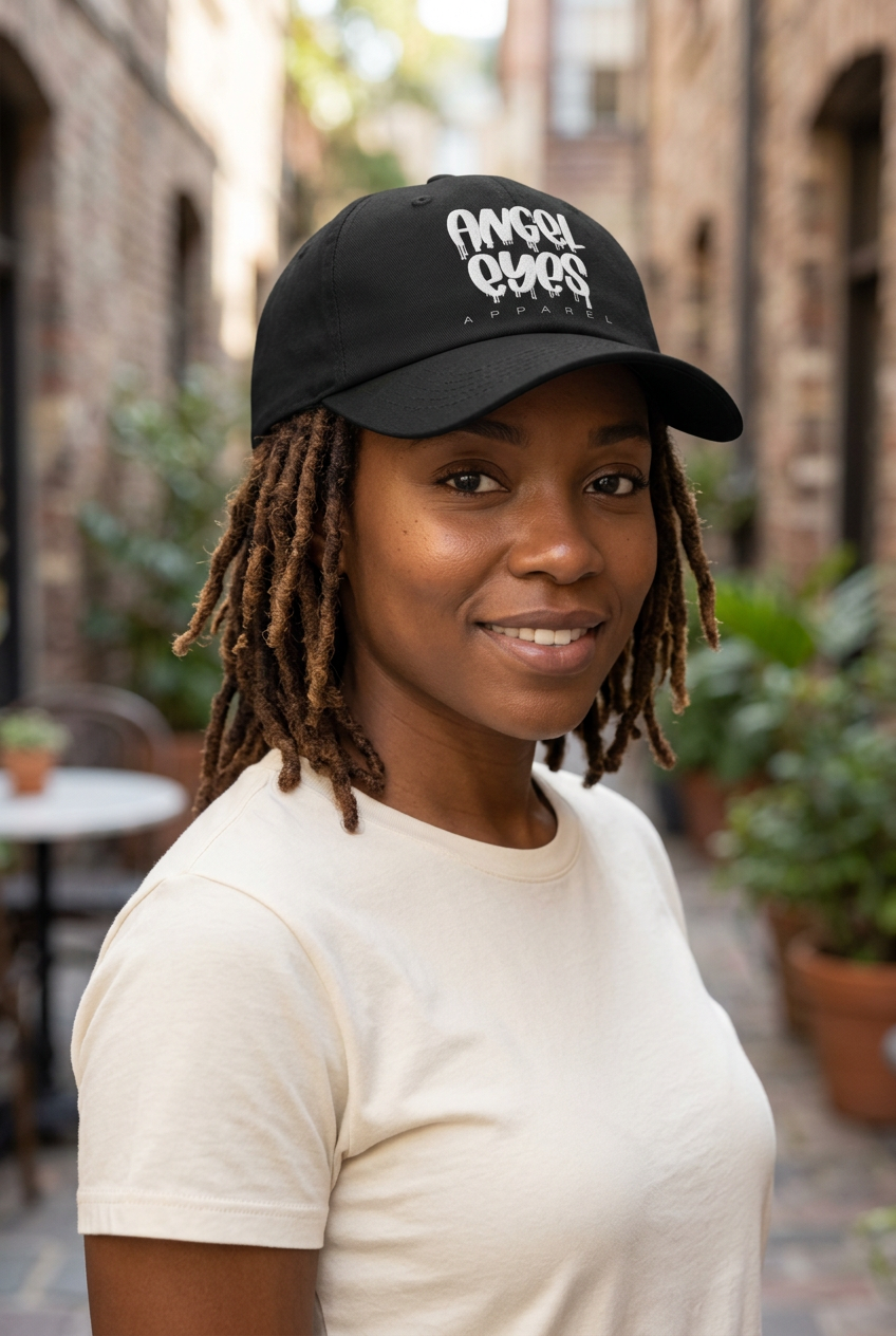 Black woman wearing the Angel Eyes cap