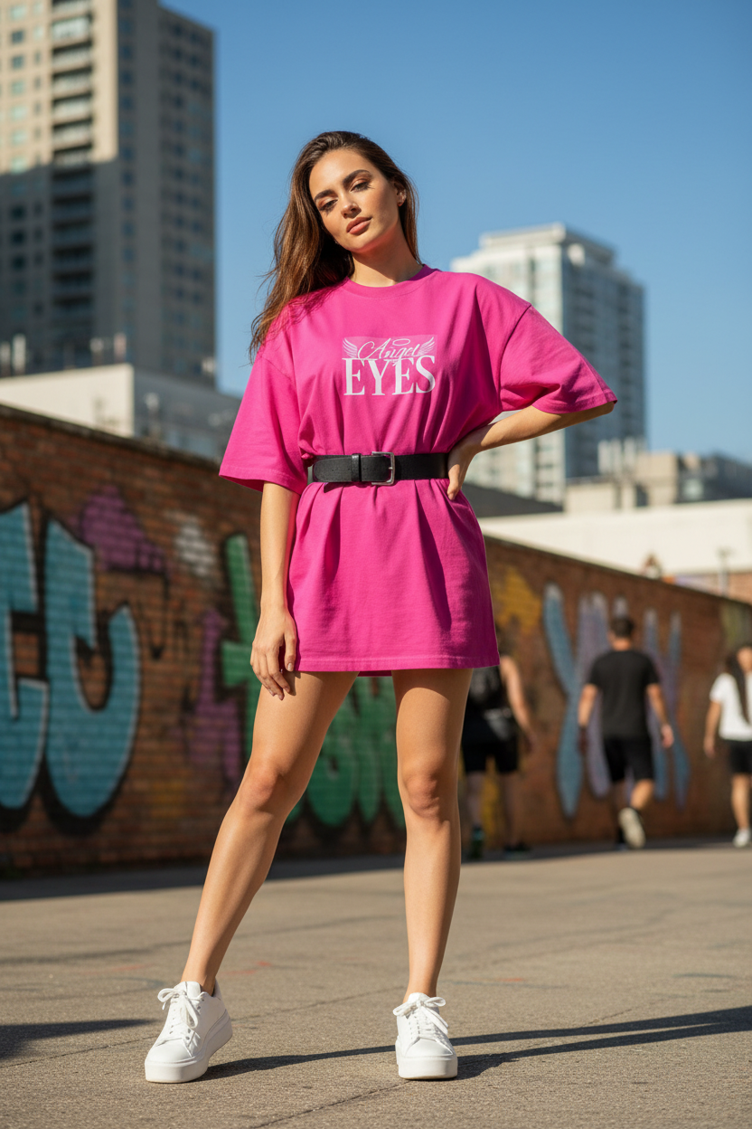Oversize Pink Tee - Latina Model