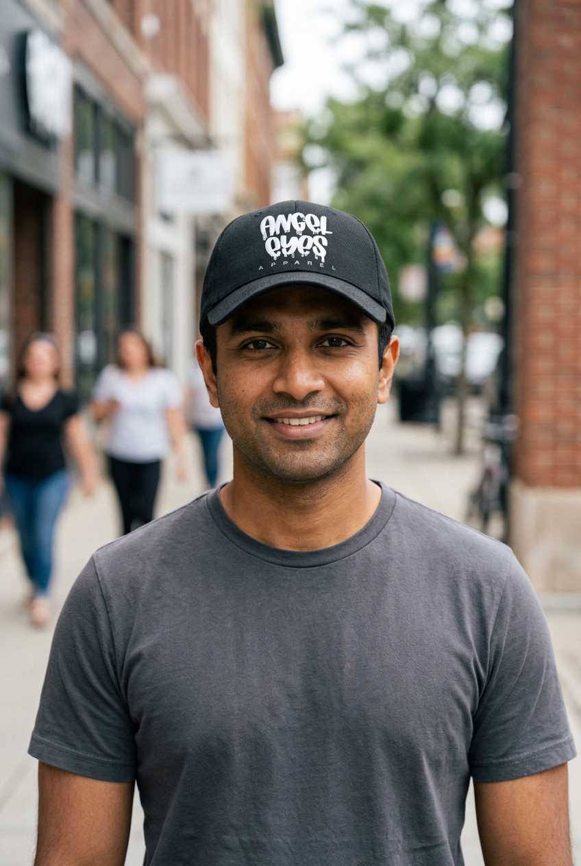 South Asian man wearing the Angel Eyes cap